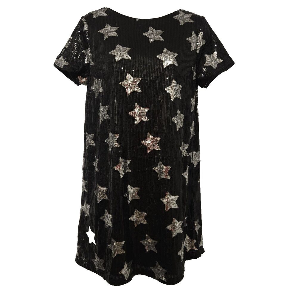 NWT Girls Sugar & Jade Black Sequin Silver Star Tween Party Shift Dress XL 16/18